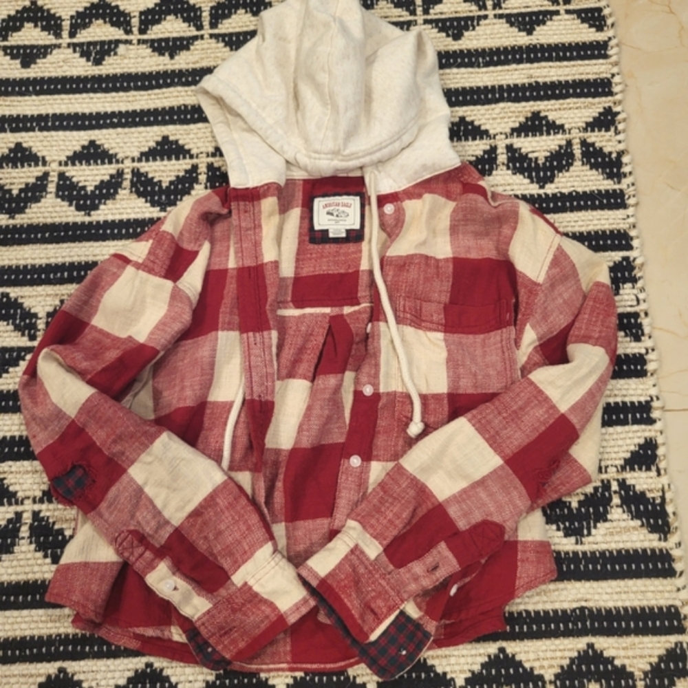 American Eagle Red and White Plaid Hoodie Shirt